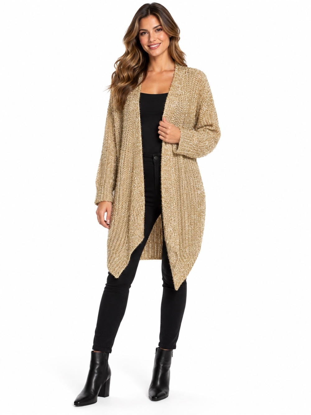 HYFVE Metallic Gold Open-Front Knit Cardigan